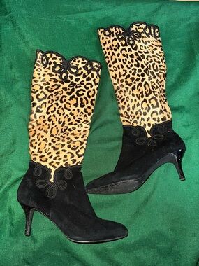 Women's Leopard-Print Mid-Calf Fashion Boots - Black & Leopard
